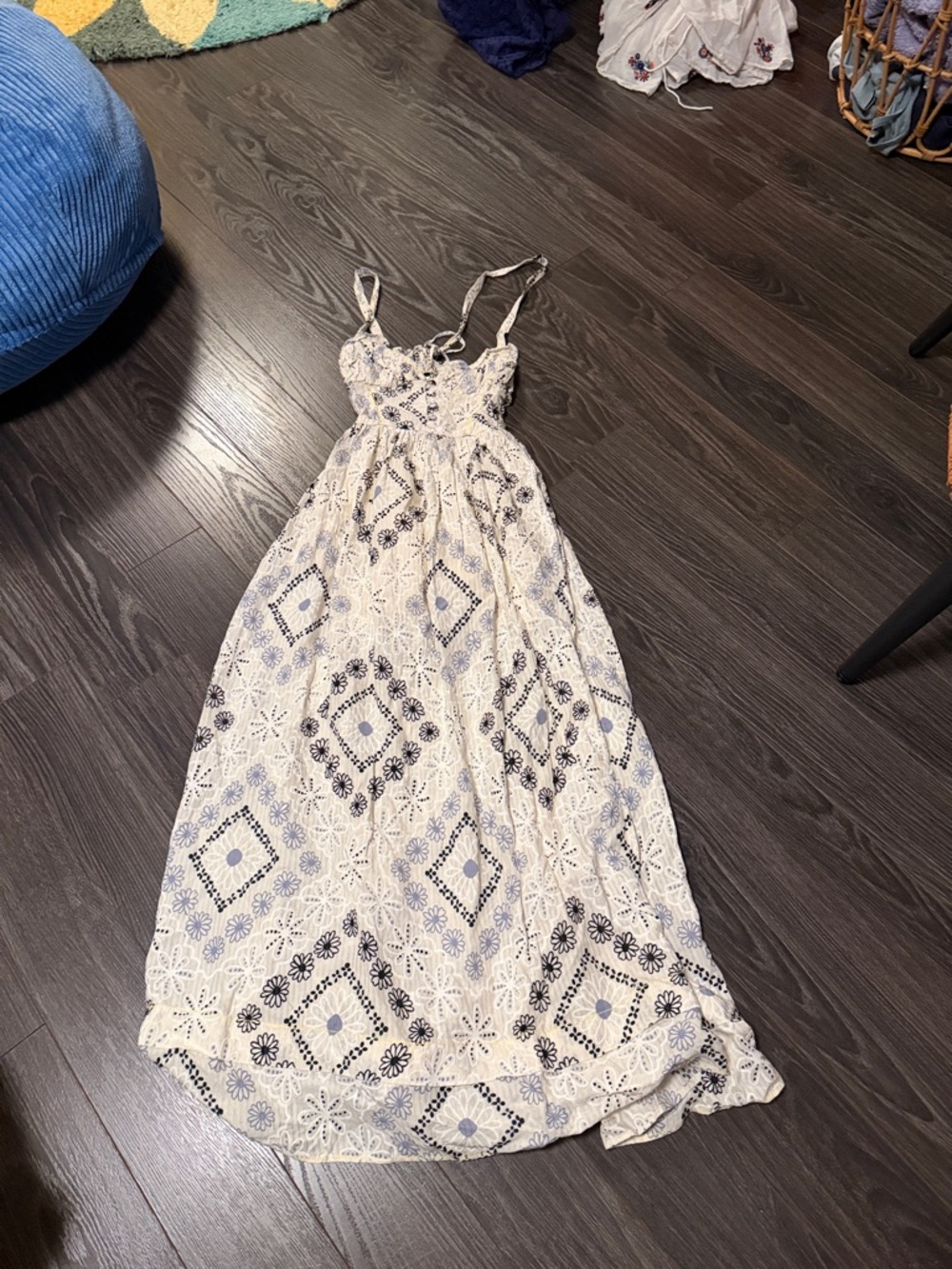 Urban Outfitters White and Navy Embroidered Maxi Dress